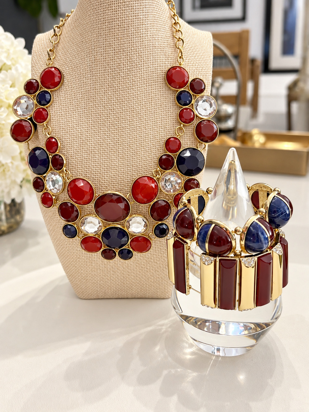 INC International Concepts Statement Bib Necklace Bracelet Set Gold Tone Red Blu